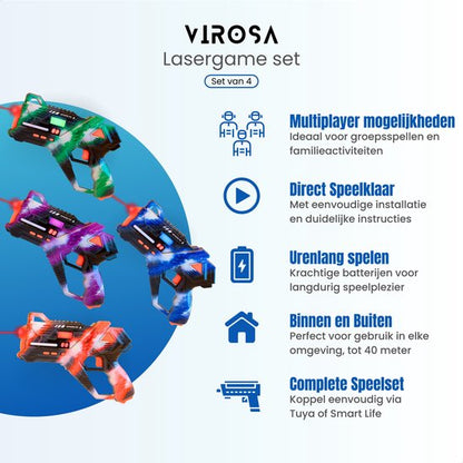 Virosa Laser Tag Set – 4 Player Multiplayer Set with Vests & 360° Sensors